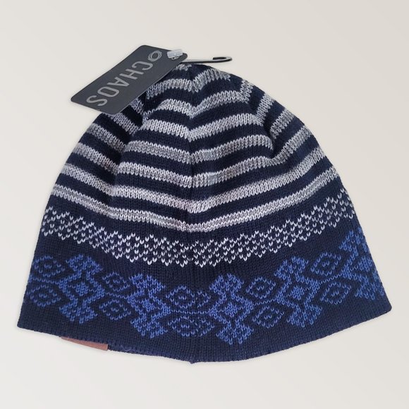 Blue Wool Beanie Toque for Winter, Knit Stripped Warm Christmas Hat - Picture 2 of 4